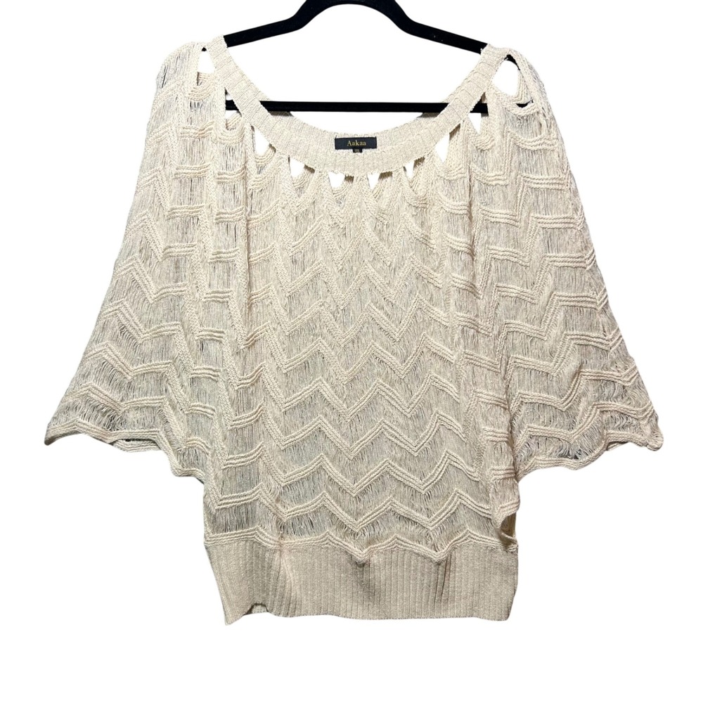 Aakaa Fringe Knit‎ Poncho Top Open Weave Chevron Boho Cream One Size